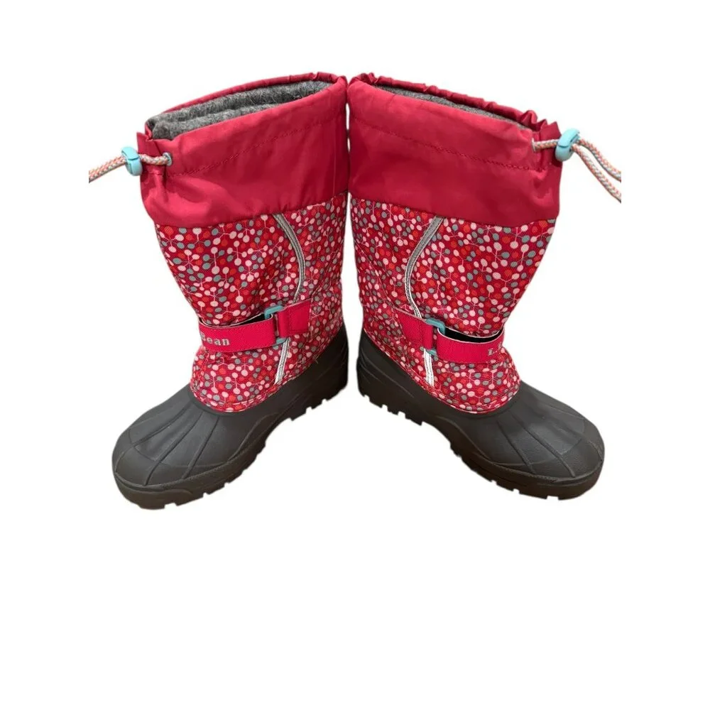 LL Bean Kids Snow Boots Red Floral Berry Winter Duck Boots Size 3‎ 244869